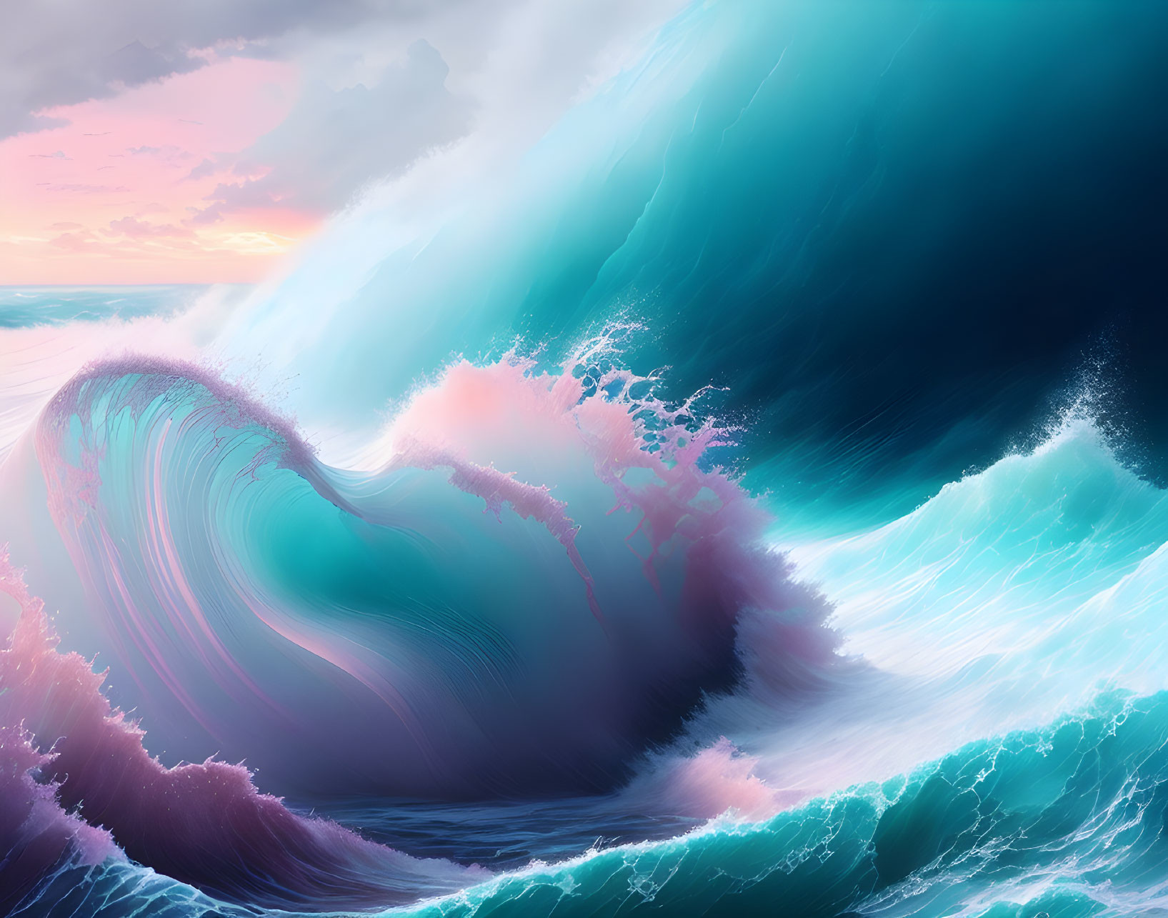 Colorful digital artwork: Massive wave in pink and blue under sunset sky