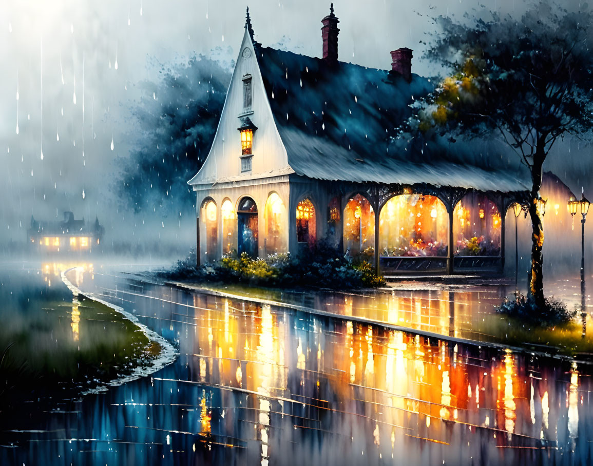 Cozy cottage with glowing windows on wet street at twilight