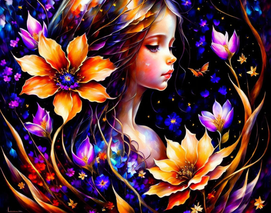 Colorful girl with flowing hair surrounded by vibrant flowers on starry backdrop