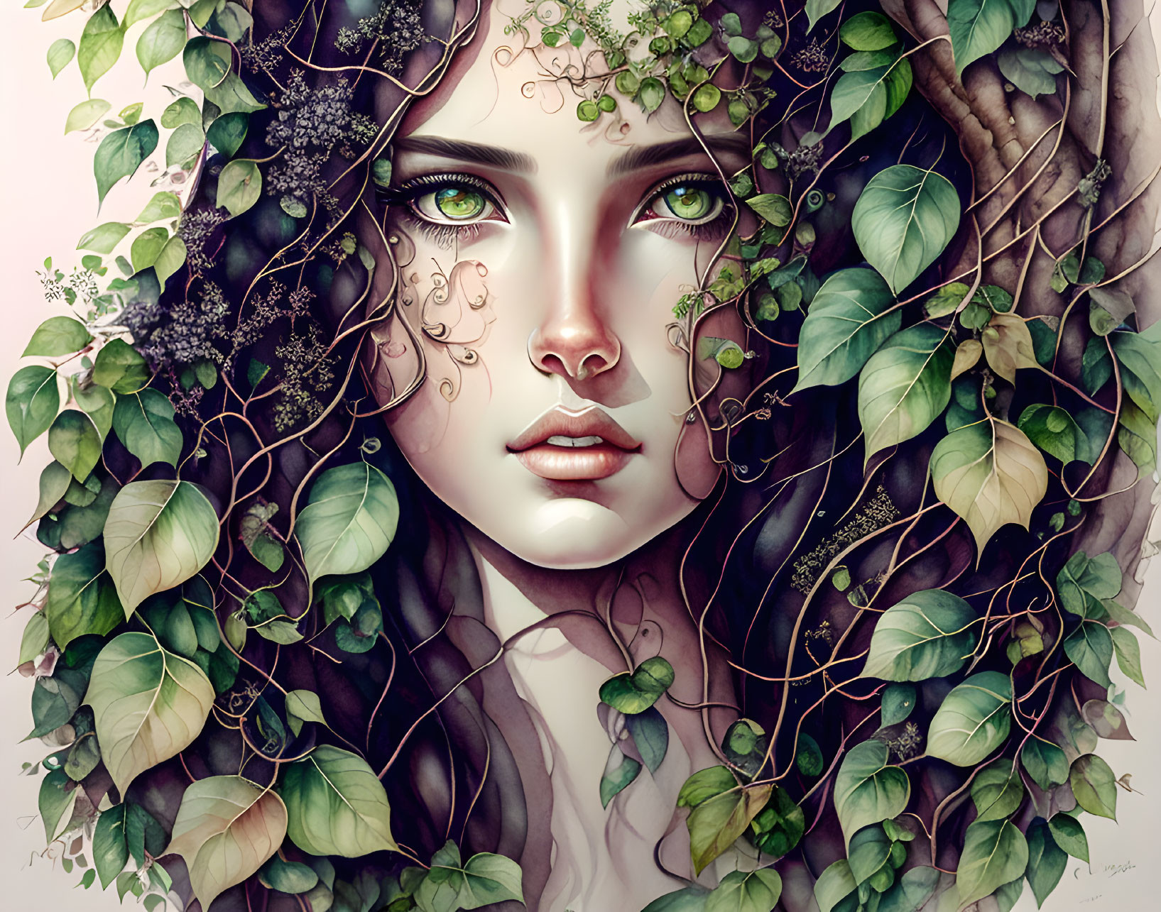 Digital artwork: Woman's face intertwined with green leaves and vines.