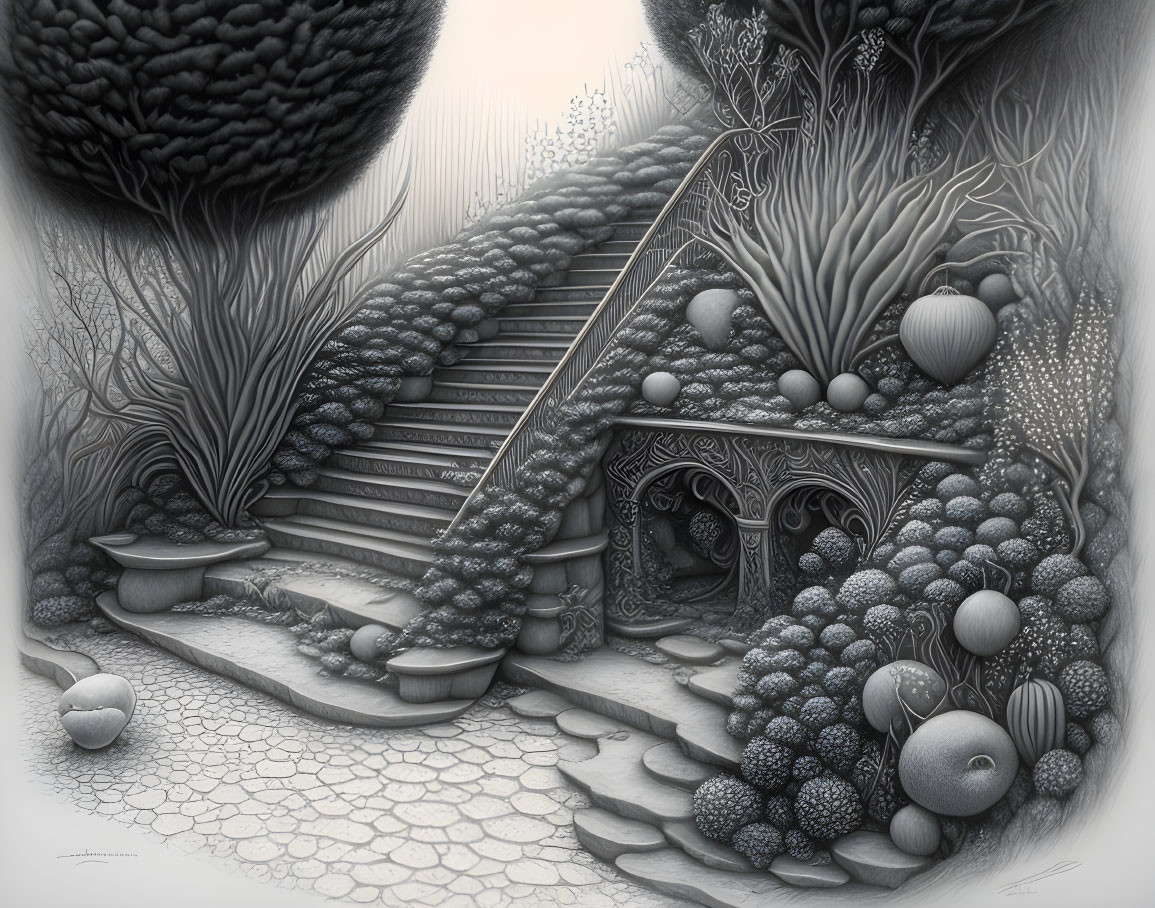 Detailed Monochromatic Surreal Landscape with Textured Trees and Staircase