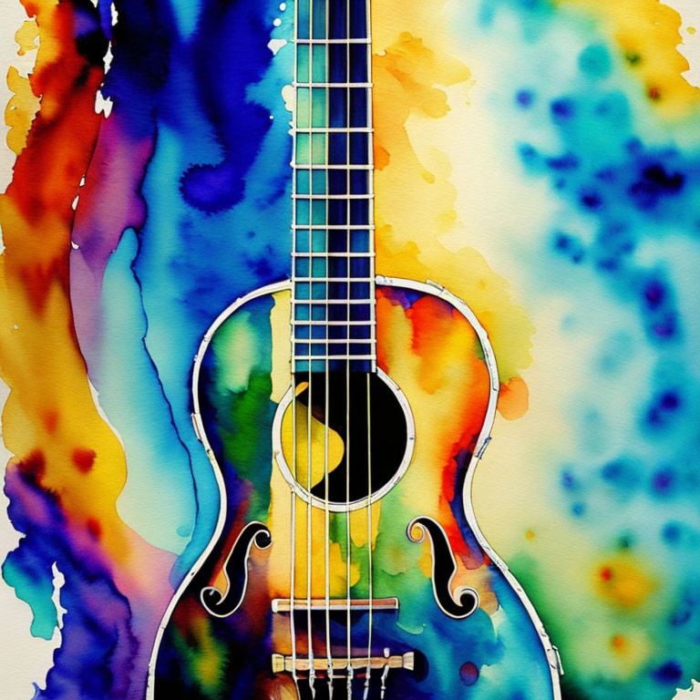 Abstract Watercolor Painting of Guitar with Vibrant Colors