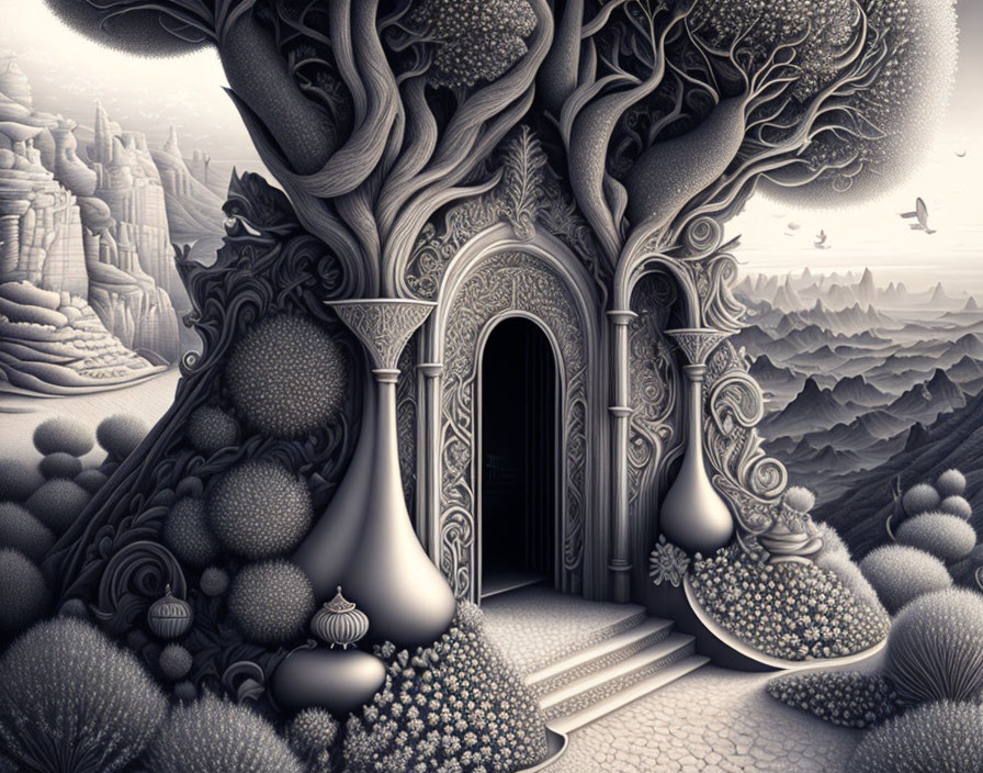 Monochrome fantasy landscape with intricate tree, ornate door, bulbous plants, and distant cliffs