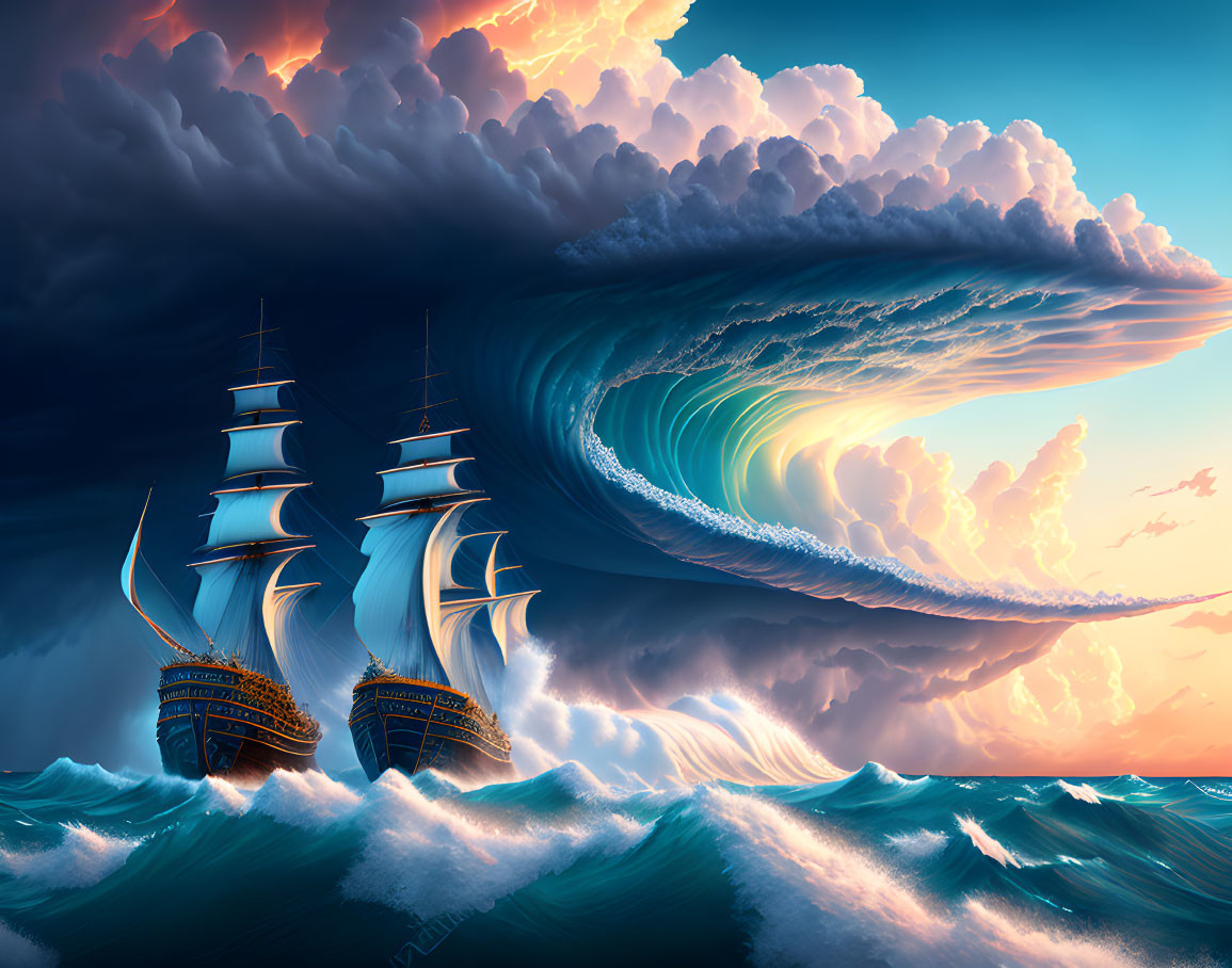 Seascape painting: two sailing ships on turbulent ocean waves under surreal sky