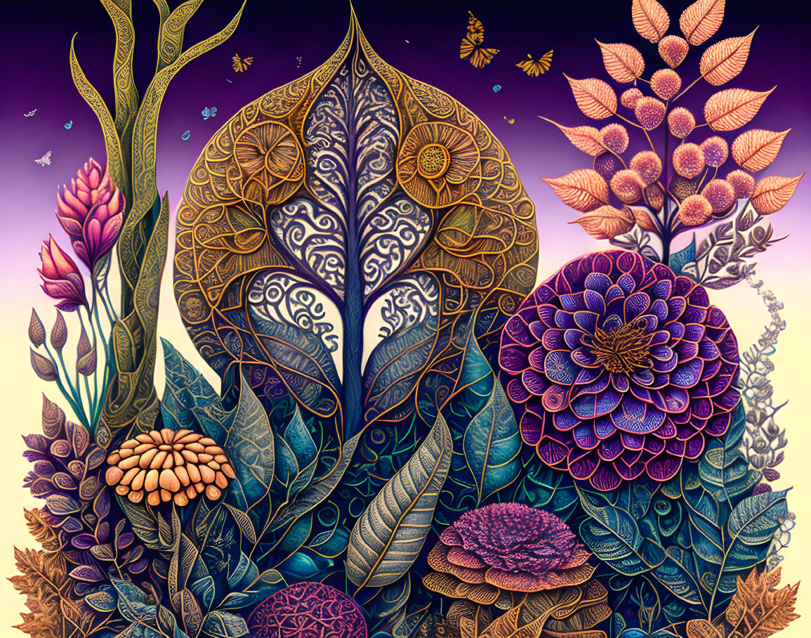 Detailed botanical illustration against twilight sky with rich hues