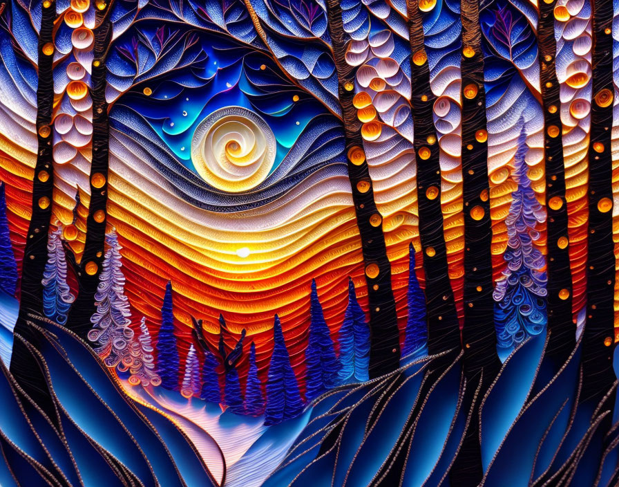 Vibrant abstract art: swirling forest sunset in blue, orange, yellow