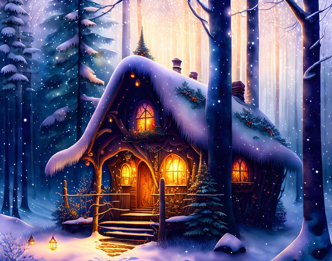 Snow-covered cottage in wintry forest with glowing lanterns