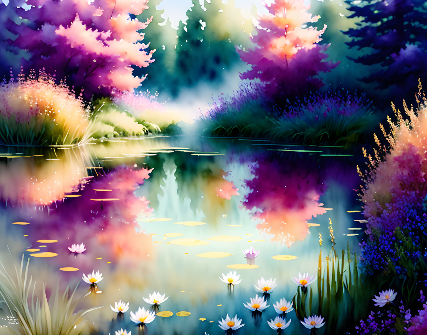 Whimsical painting of serene pond with water lilies and vibrant flora