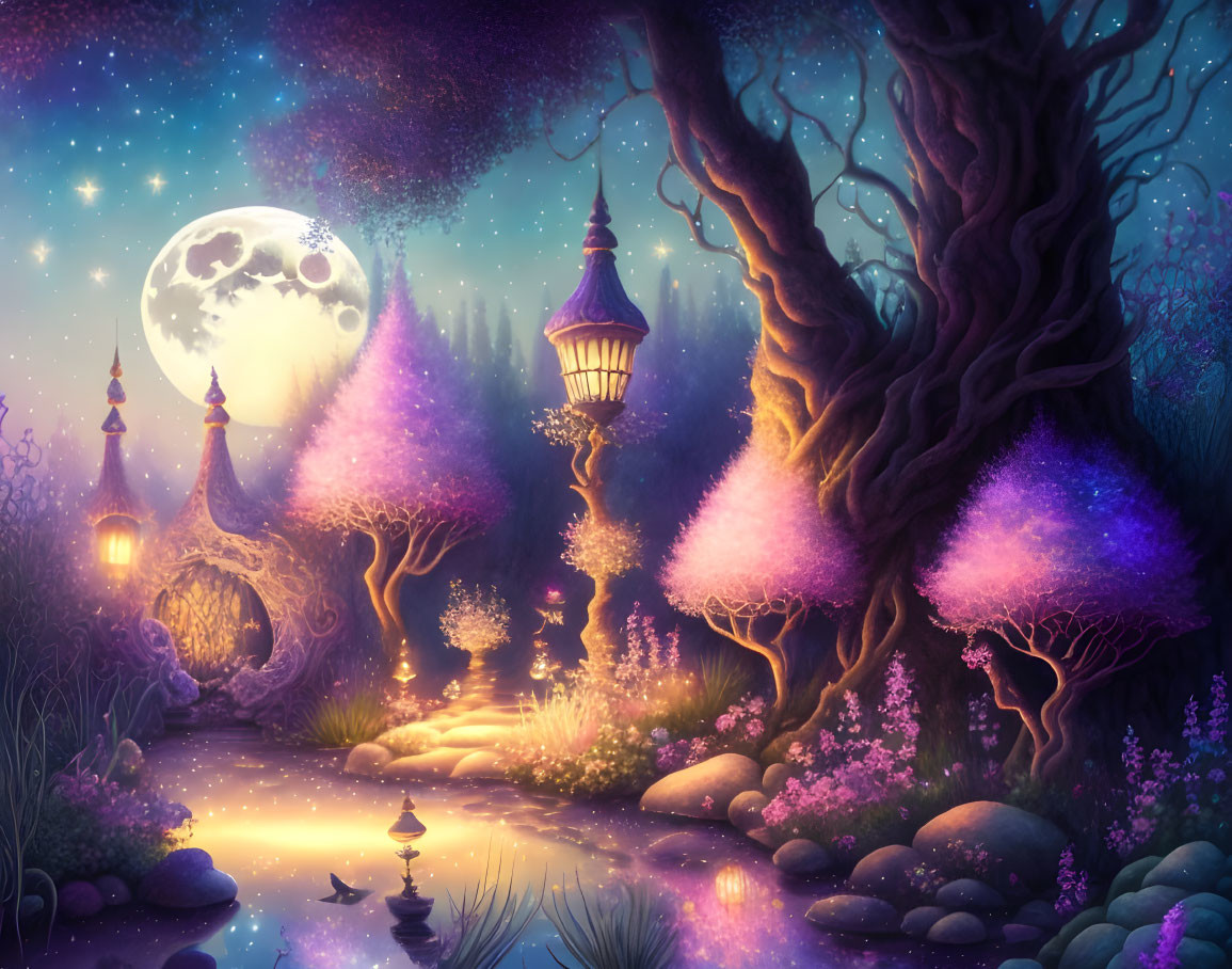 Enchanting night scene with full moon, starry sky, pink-purple trees, lanterns,