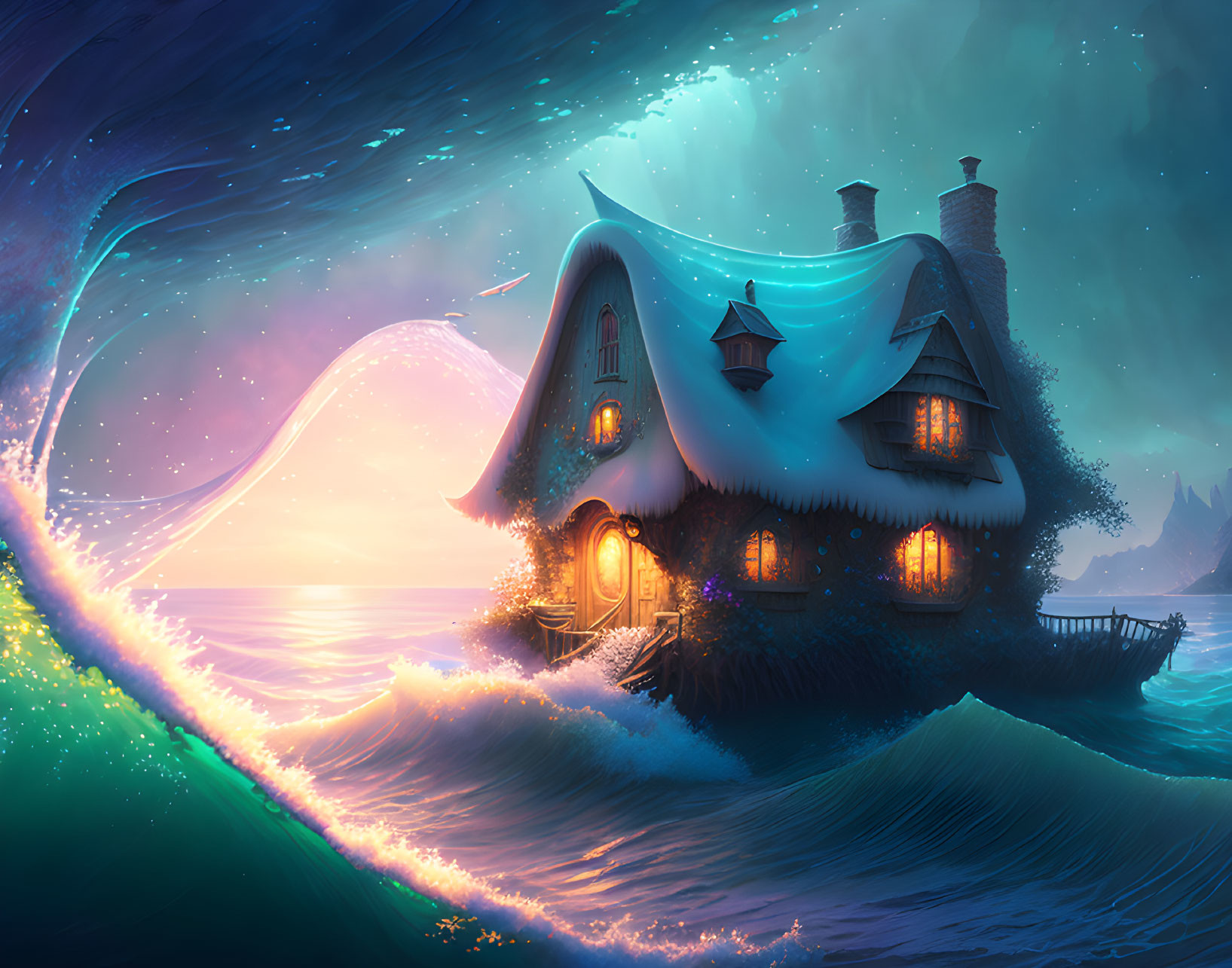 Illustration of cozy cottage on hill with ocean waves under twilight sky