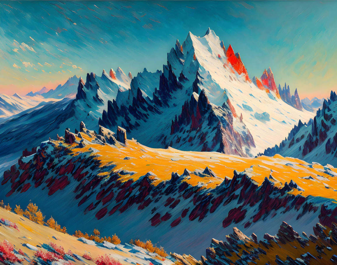 Mountain Range Painting with Snow-Capped Peaks and Autumnal Forests