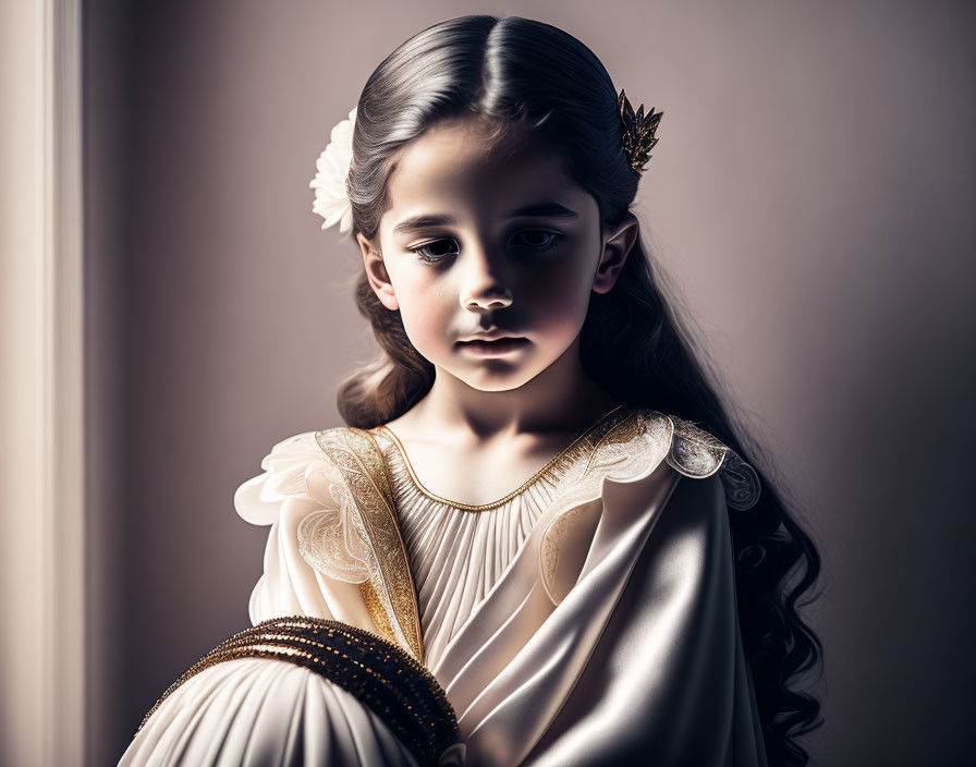 Vintage-style costume with golden accents on a young girl illuminated by soft light