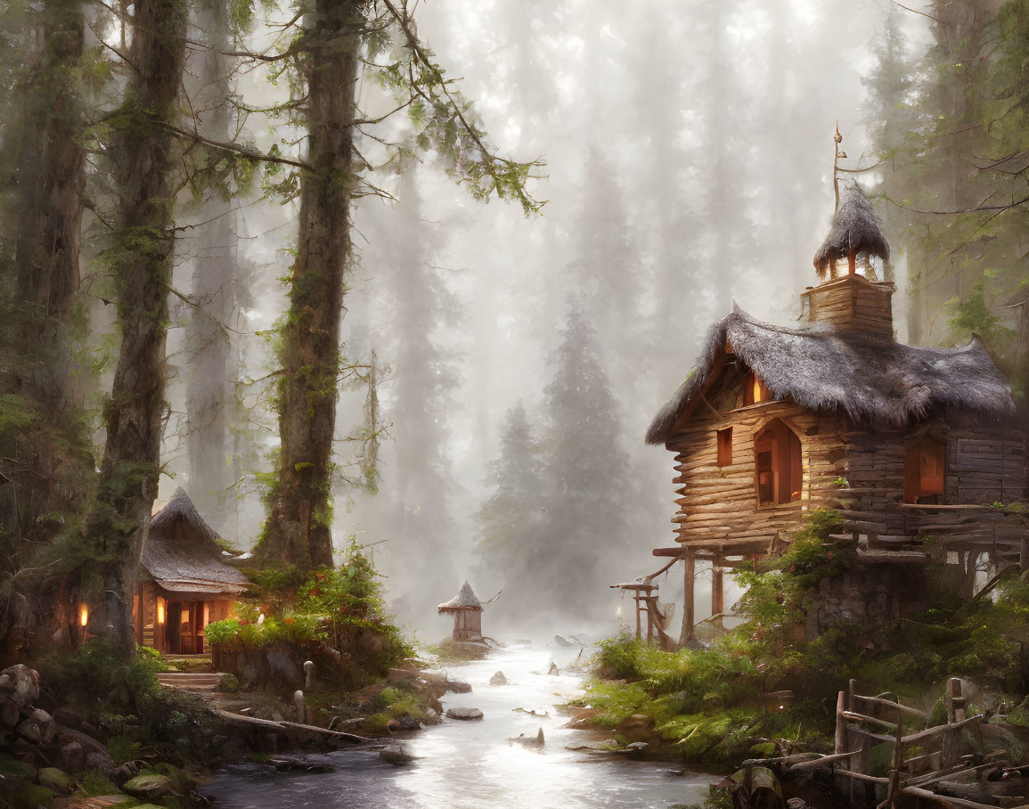 Enchanted forest scene with rustic cottage, illuminated gazebo, gentle stream, and misty trees