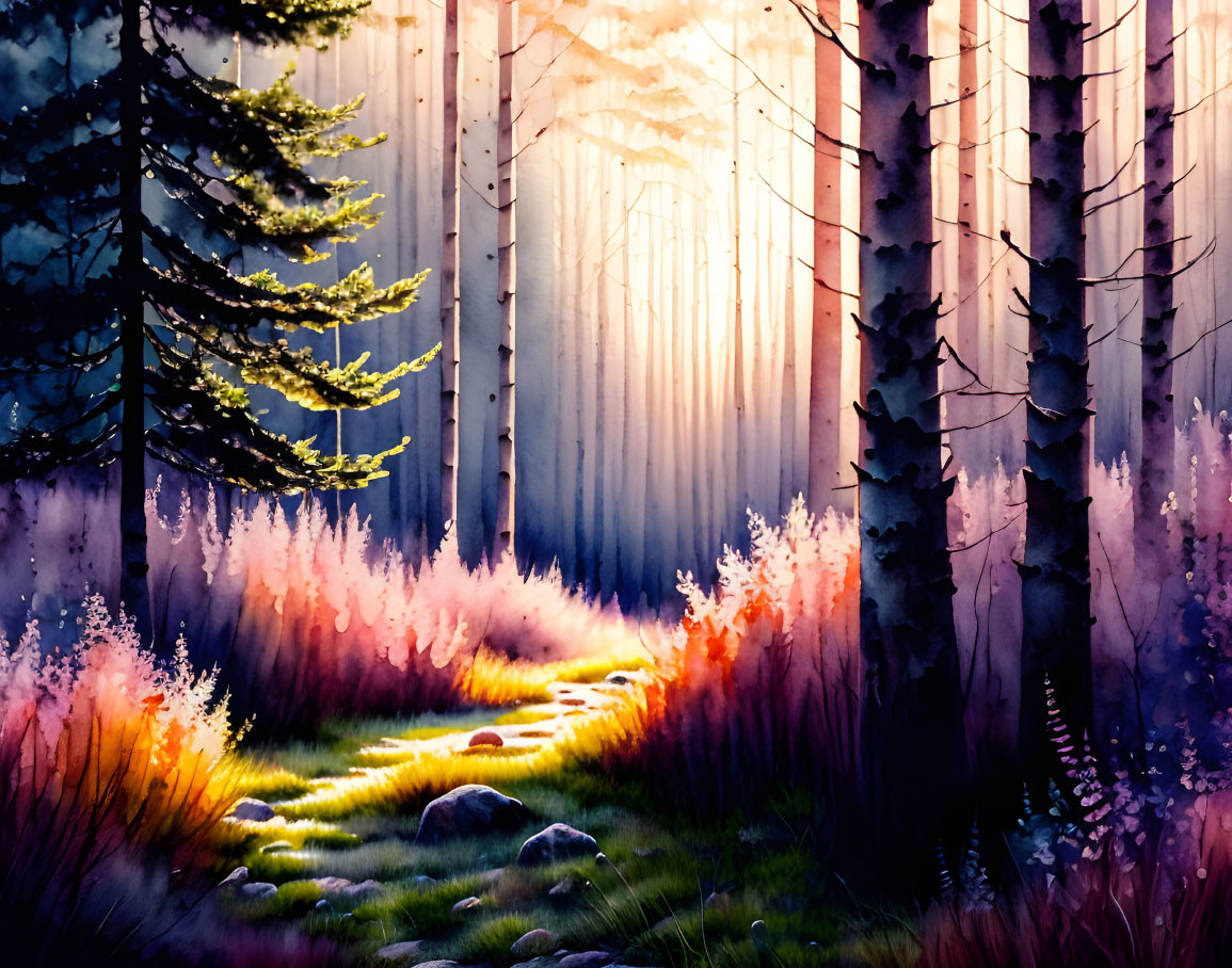 Serene forest landscape with sunbeams and colorful plants