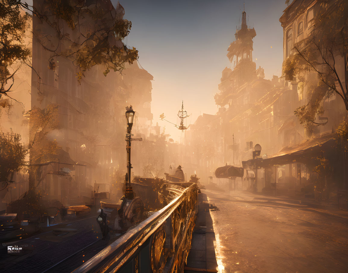 Golden morning light illuminates ornate cityscape with bridge and streetlamps