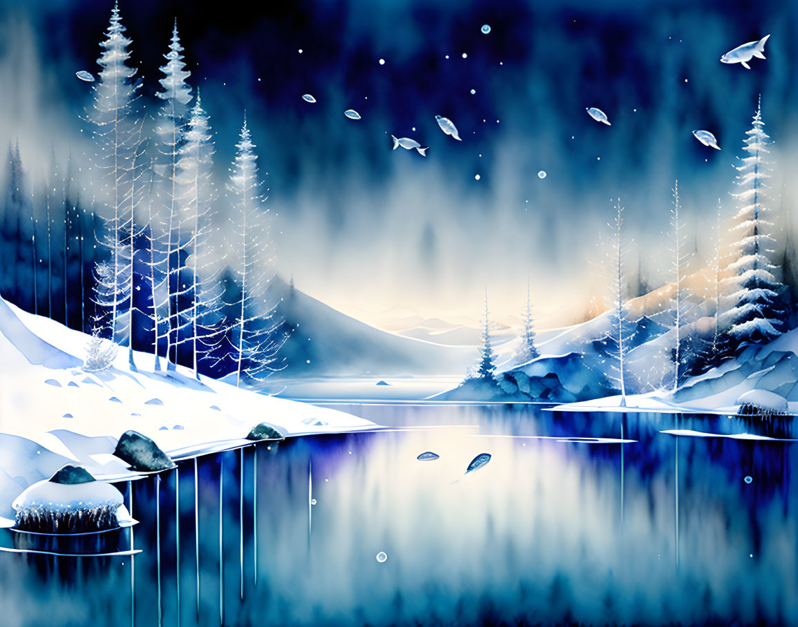 Tranquil Winter Scene: Snowy Pine Trees, Reflective Lake, Snowfall, Leaping