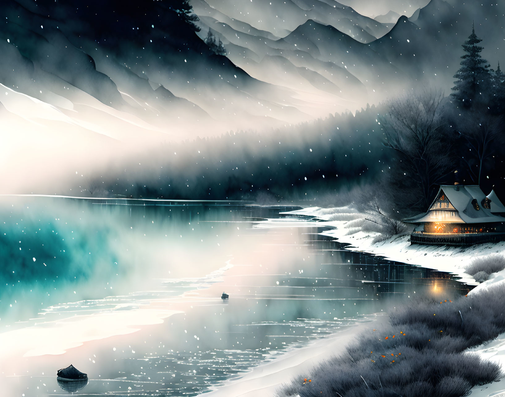 Snowy mountains, frozen lake, cozy cabin: serene winter landscape at dusk