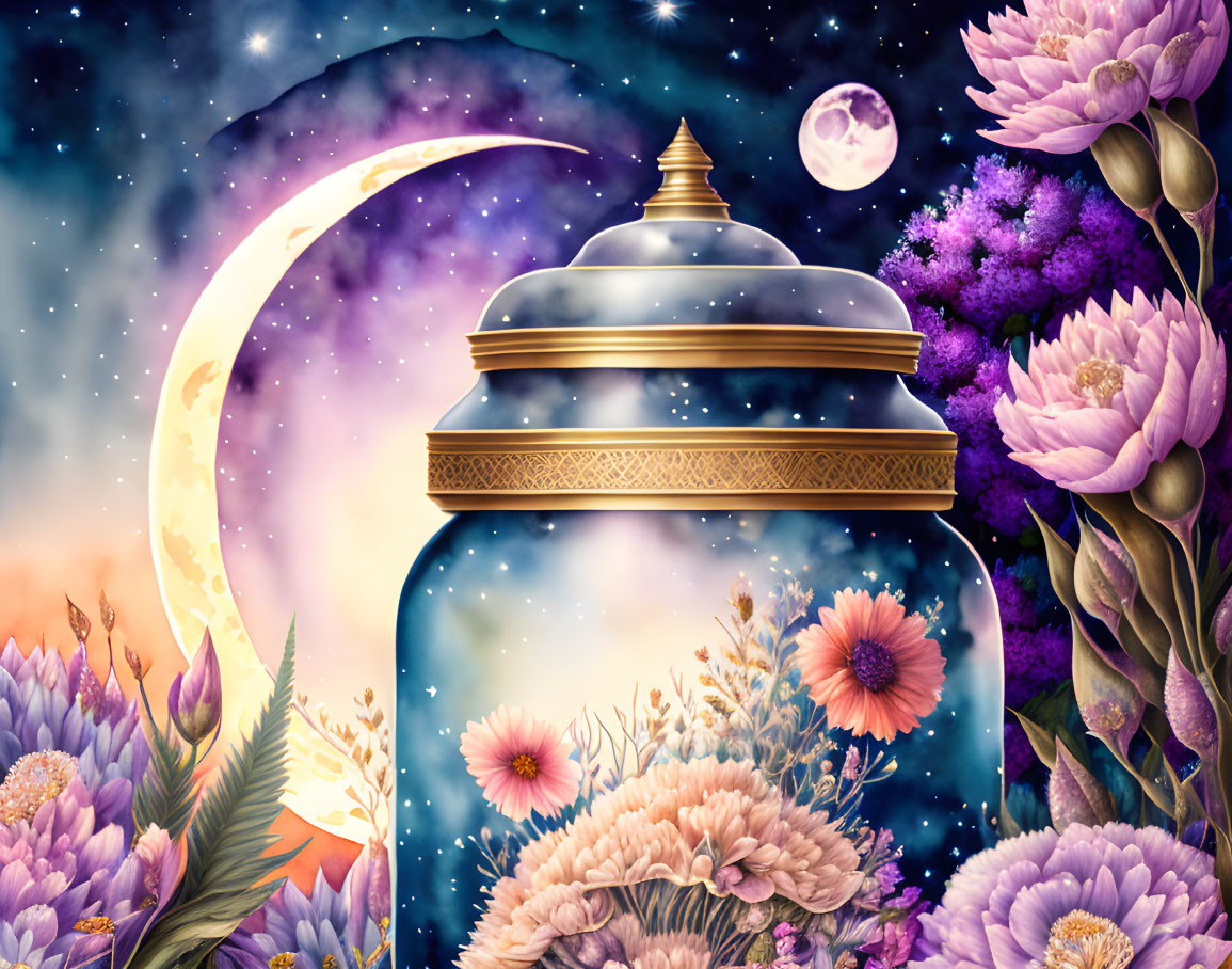 Surreal bell jar illustration with cosmic background and vibrant flowers