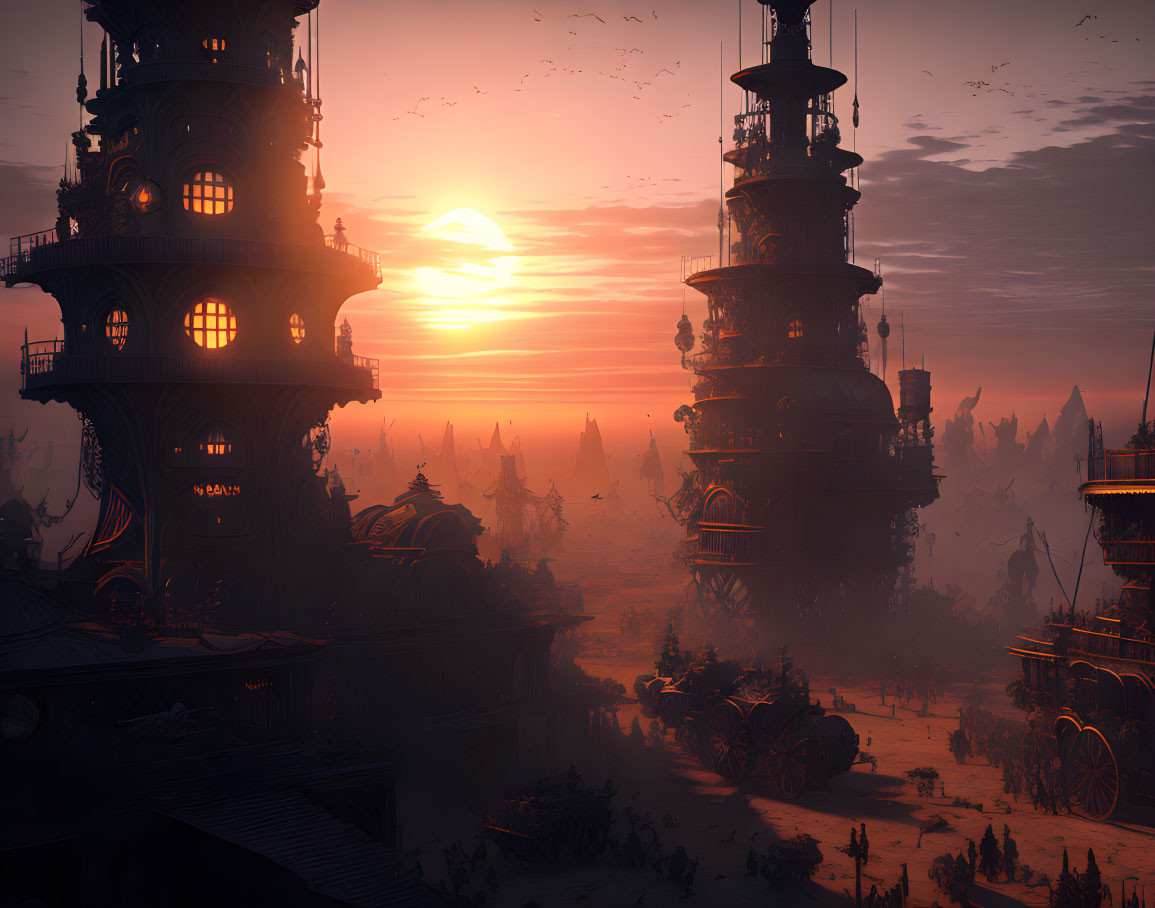 Fantastical sunset with steampunk buildings and airships in orange sky