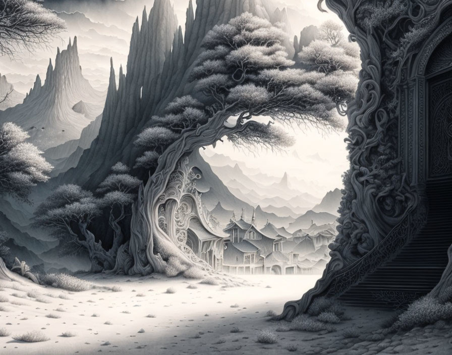 Monochrome fantasy landscape with tree carvings, buildings, and cliffs