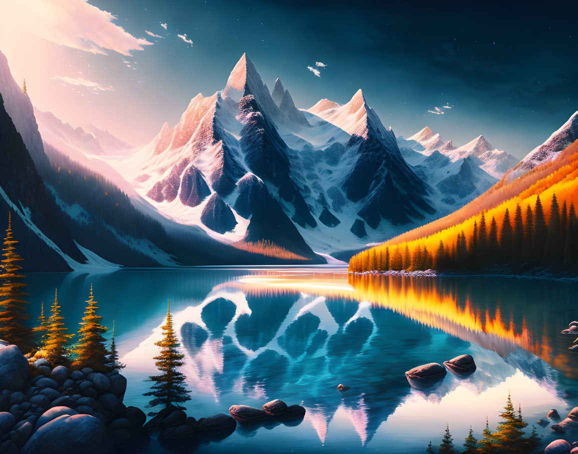 Alpine lake with snowy mountains at sunset or sunrise