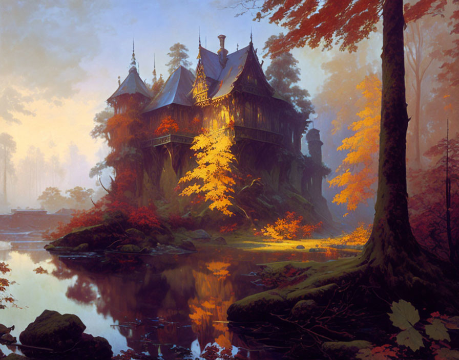 Grand old-fashioned house in mystical autumnal setting with colorful fall foliage and tranquil pond