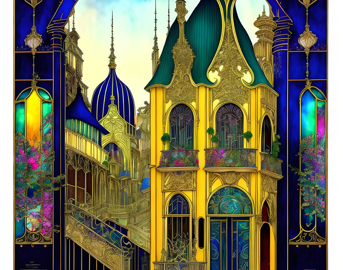 Colorful Illustration of Fantastical Building with Gold Detailing