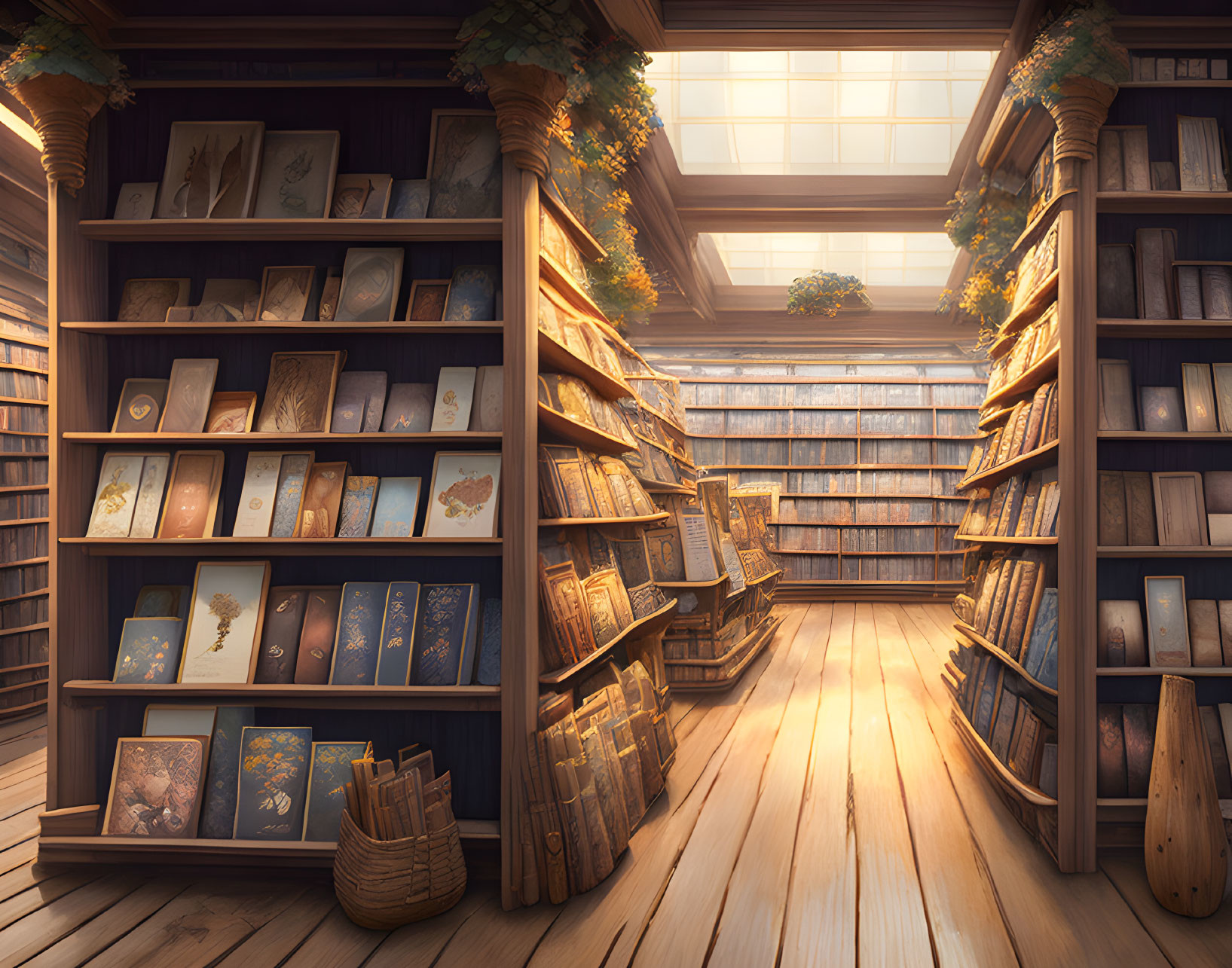 Cozy library with wooden shelves, books, sunlight, and plants