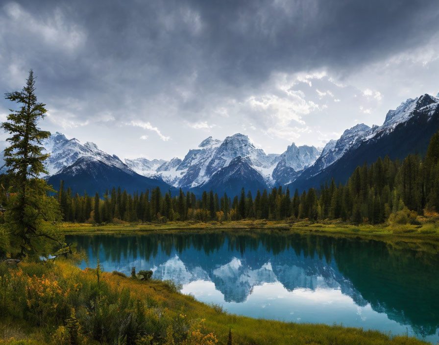 Serene mountain lake with reflections under dramatic cloudy sky