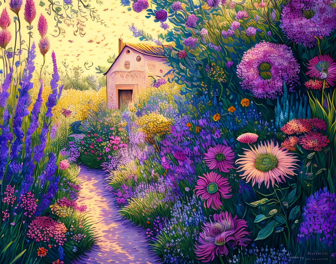 Colorful painting of small cottage in lush flora under twilight sky