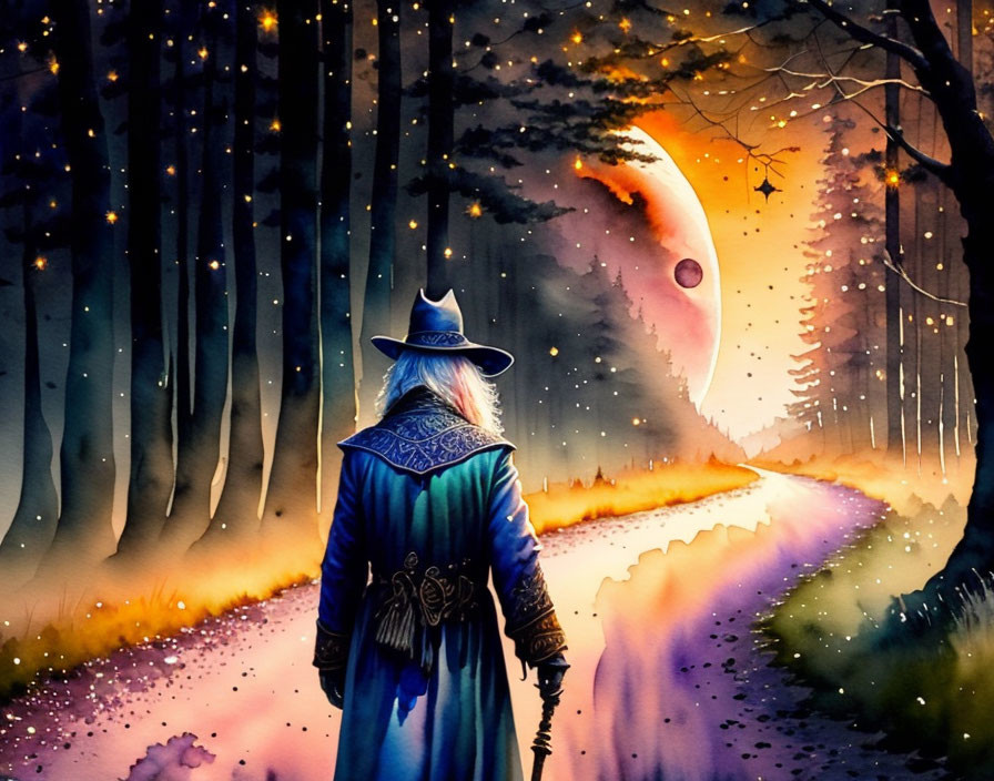 Wizard in Blue Robe Observing Moon in Enchanted Forest