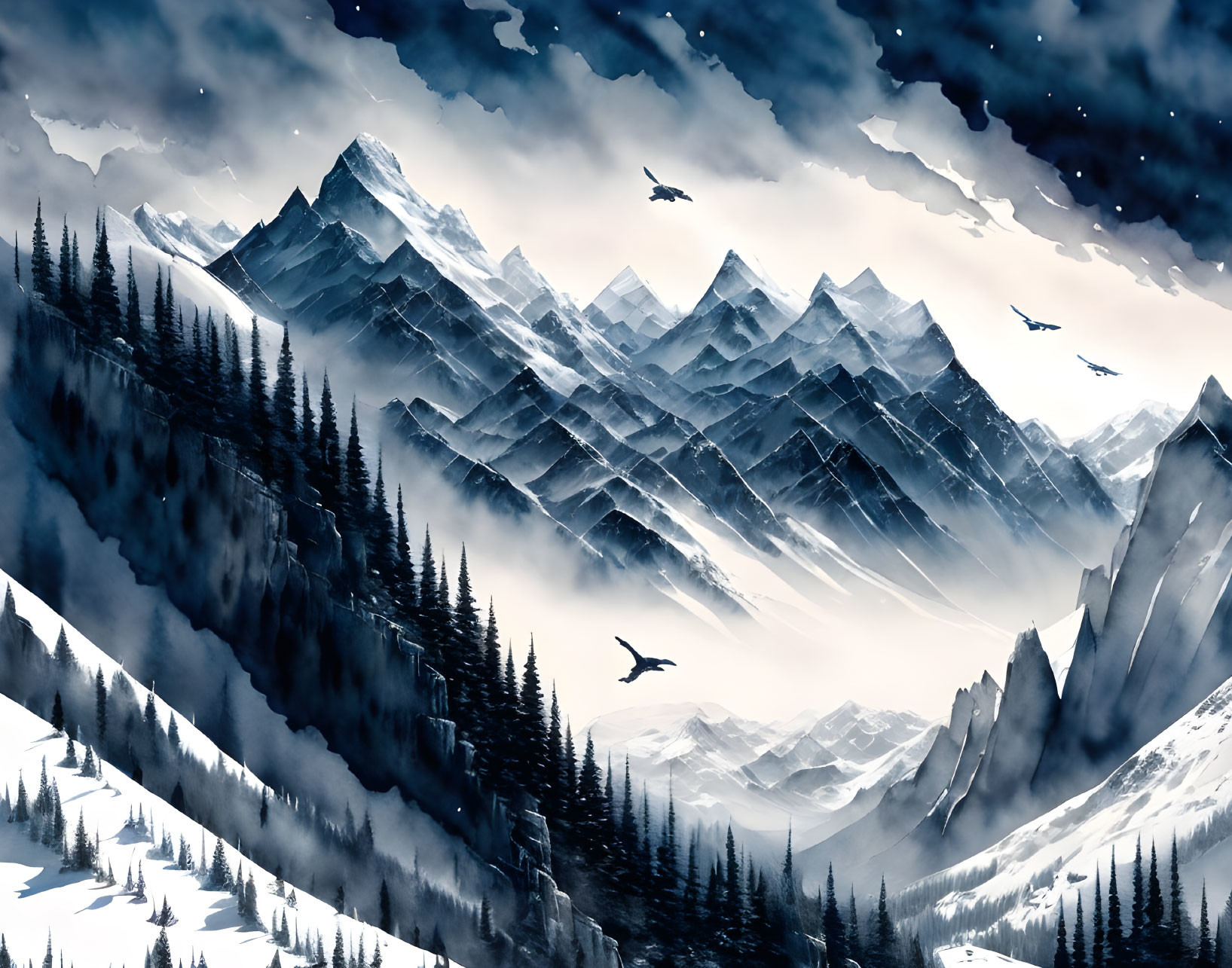 Monochromatic illustration of snow-covered mountain range