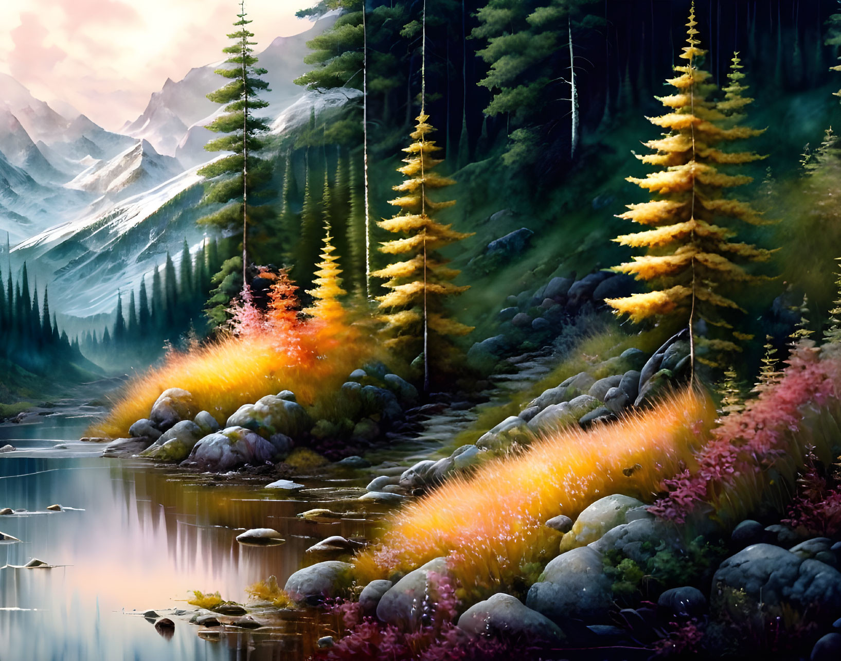 Tranquil River Landscape with Colorful Flora and Misty Mountains