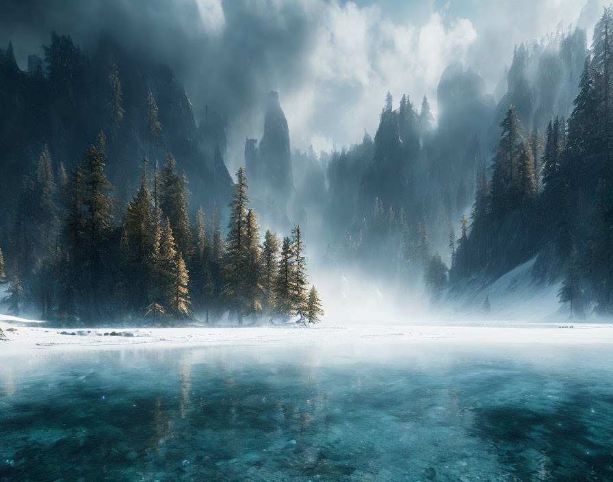 Snowy mountain scene with frozen lake, pine trees, and sunlight filtering through fog