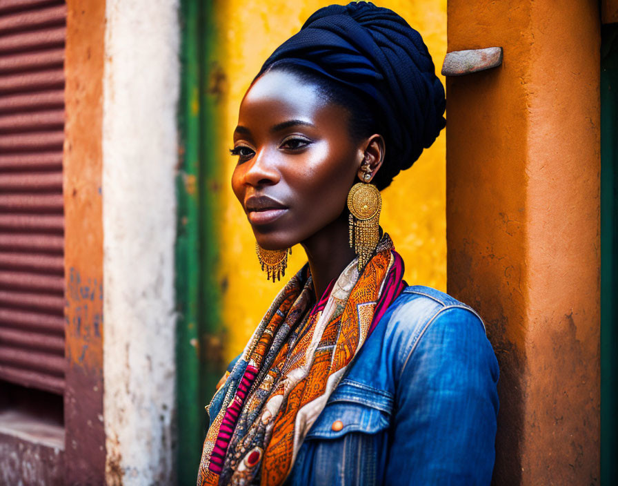 Woman with Black Headwrap and Large Earrings Stands by Yellow Wall