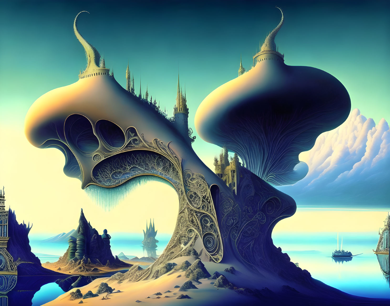 Surreal landscape with mushroom-like structures and serene ocean