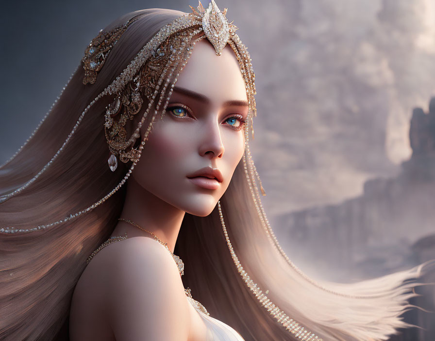 Fantasy female digital art with long hair and head jewelry