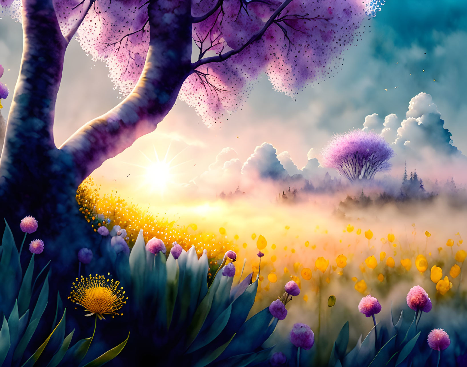 Colorful Fantasy Landscape at Sunrise with Flowers, Mist, and Purple Trees