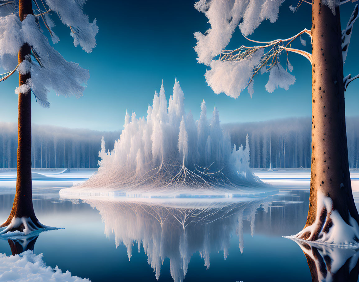 Tranquil Winter Landscape: Frosty Trees, Still Lake, Clear Sky