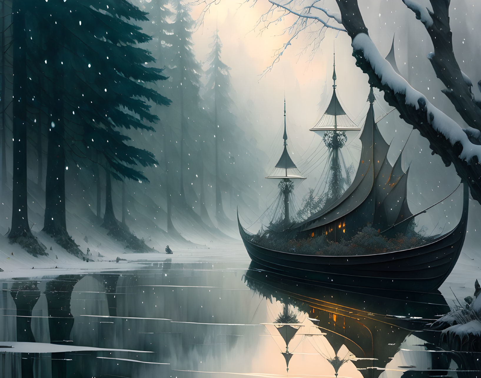 Viking-style ship on frozen river in snowy forest landscape