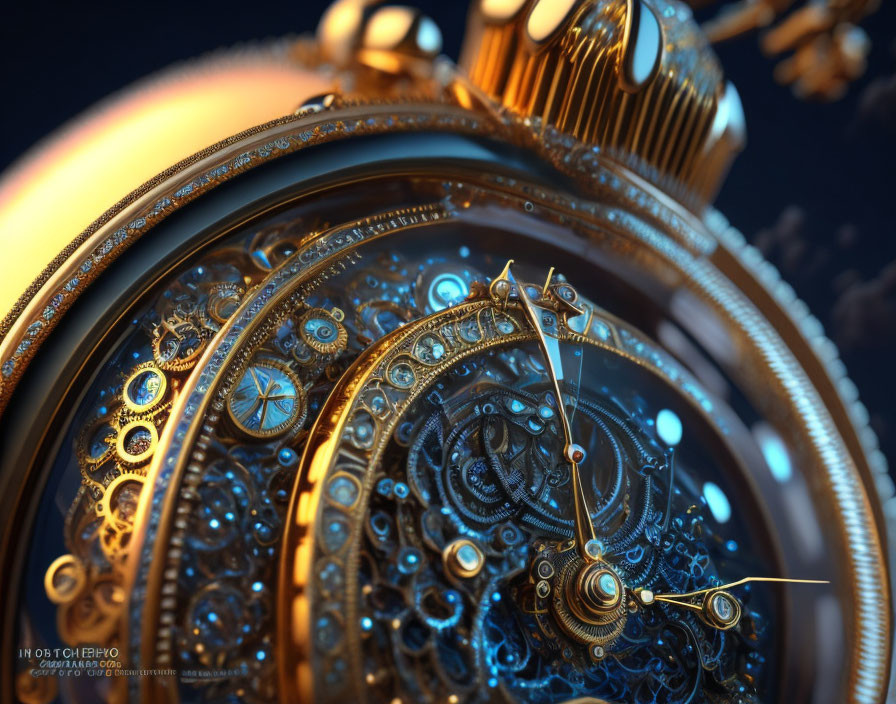 Detailed Golden Pocket Watch with Ornate Gears and Blue Jewel Accents