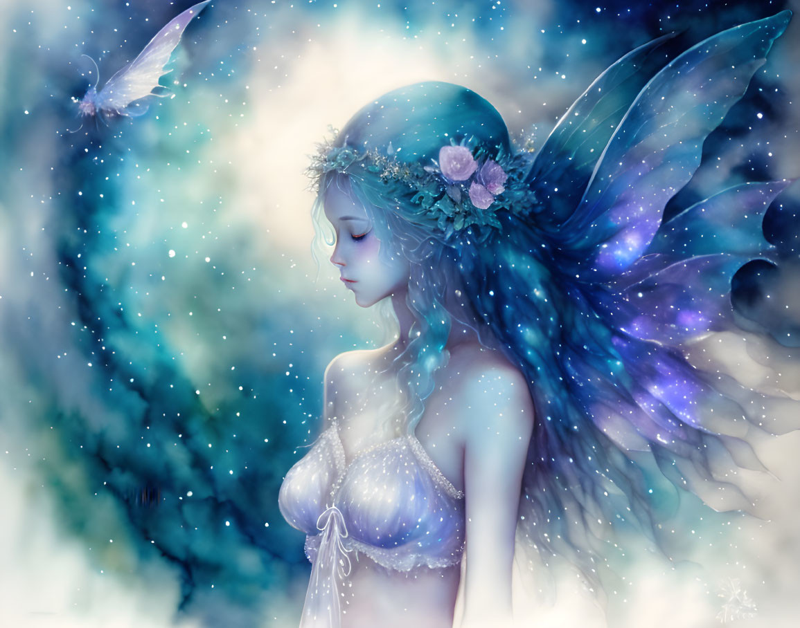 Fantasy illustration of female fairy with translucent wings in misty, starlit backdrop