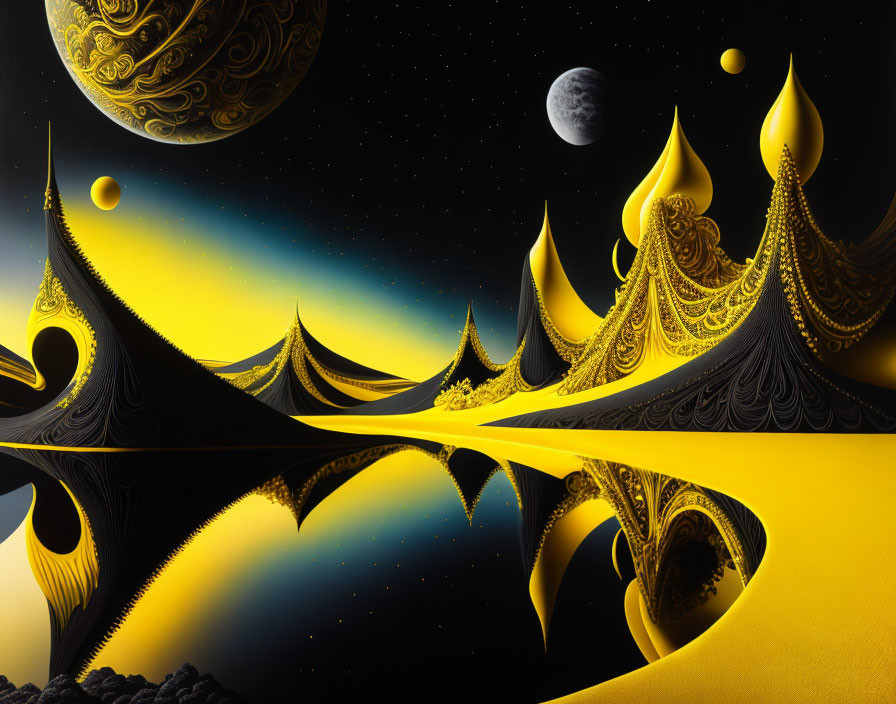 Fractal landscape with ornate spires, yellow and black patterns, under starry sky.