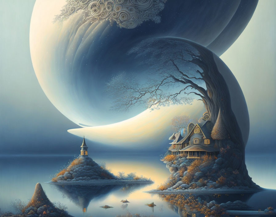 Surreal landscape with giant celestial body over floating islands