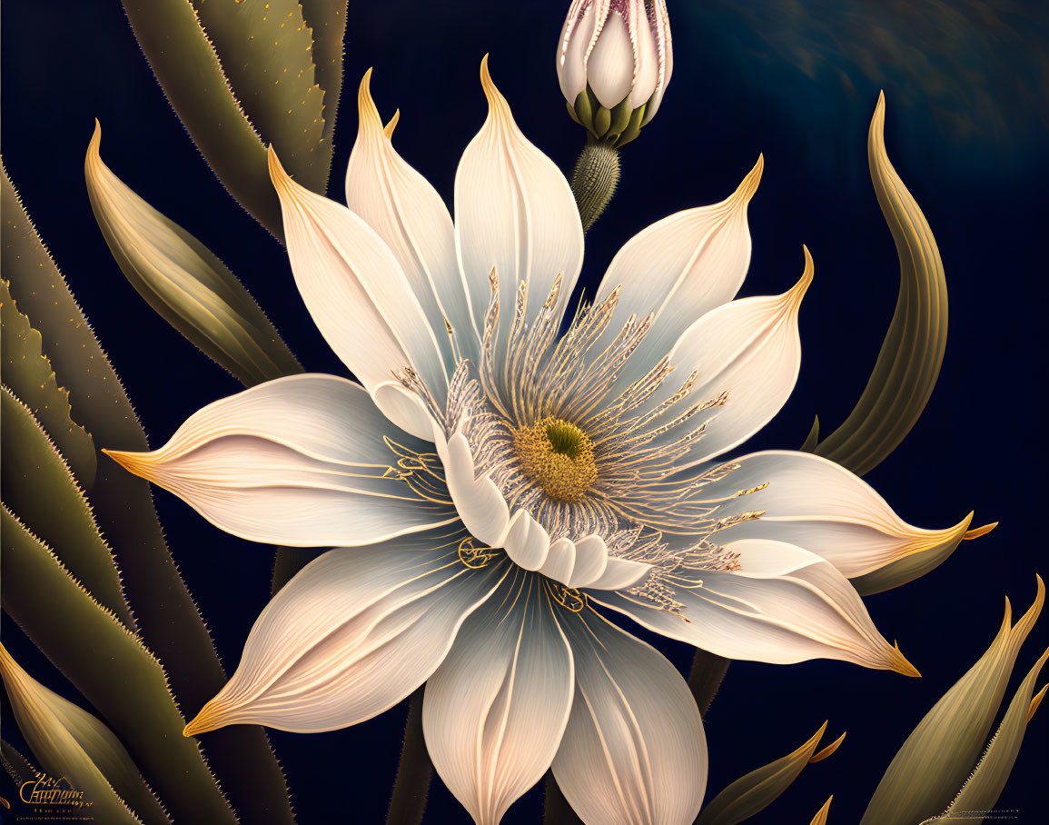 Detailed digital illustration of white flower with yellow center on dark background