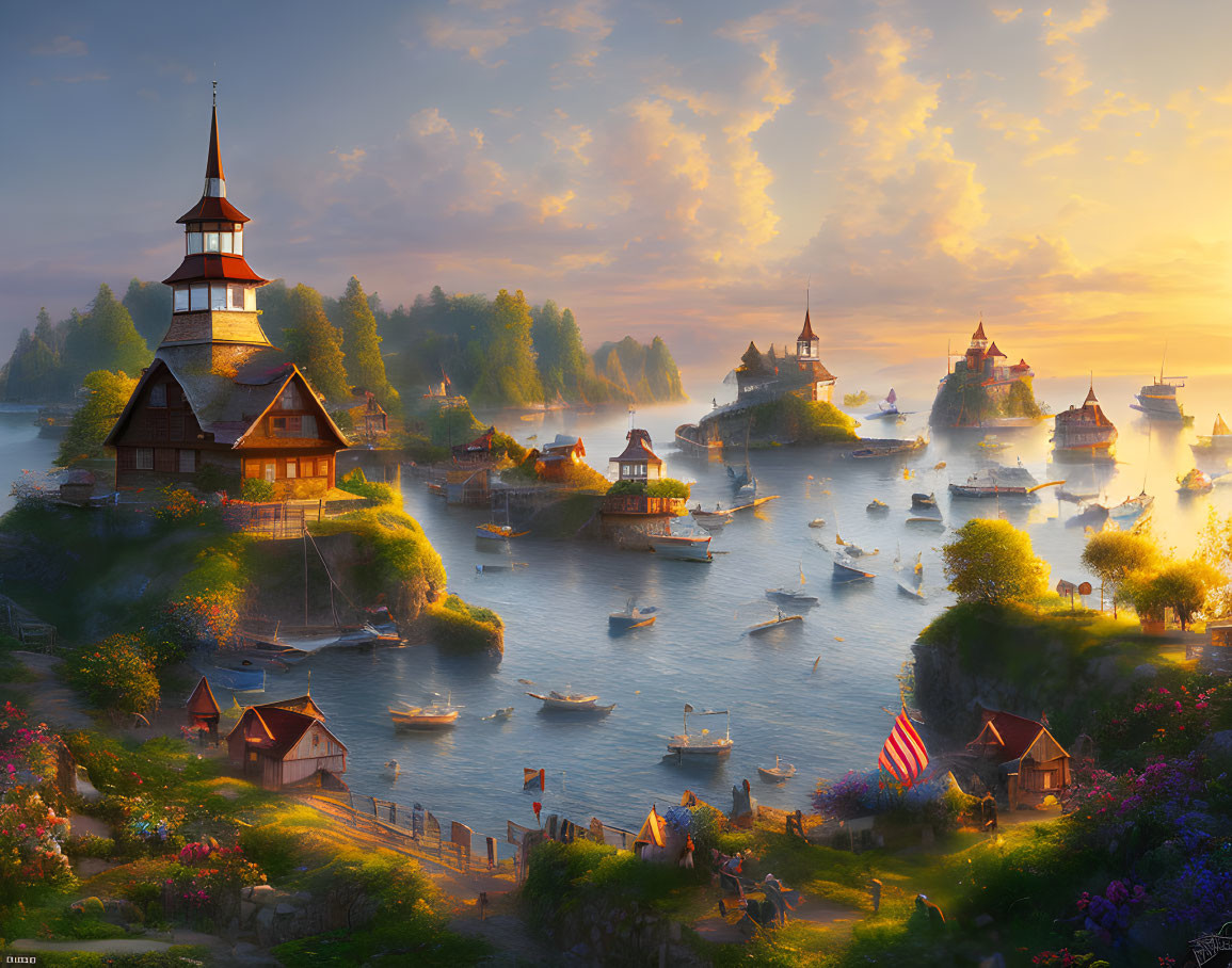 Tranquil lakeside village at sunrise with houses, boats, church, mist, and lush green