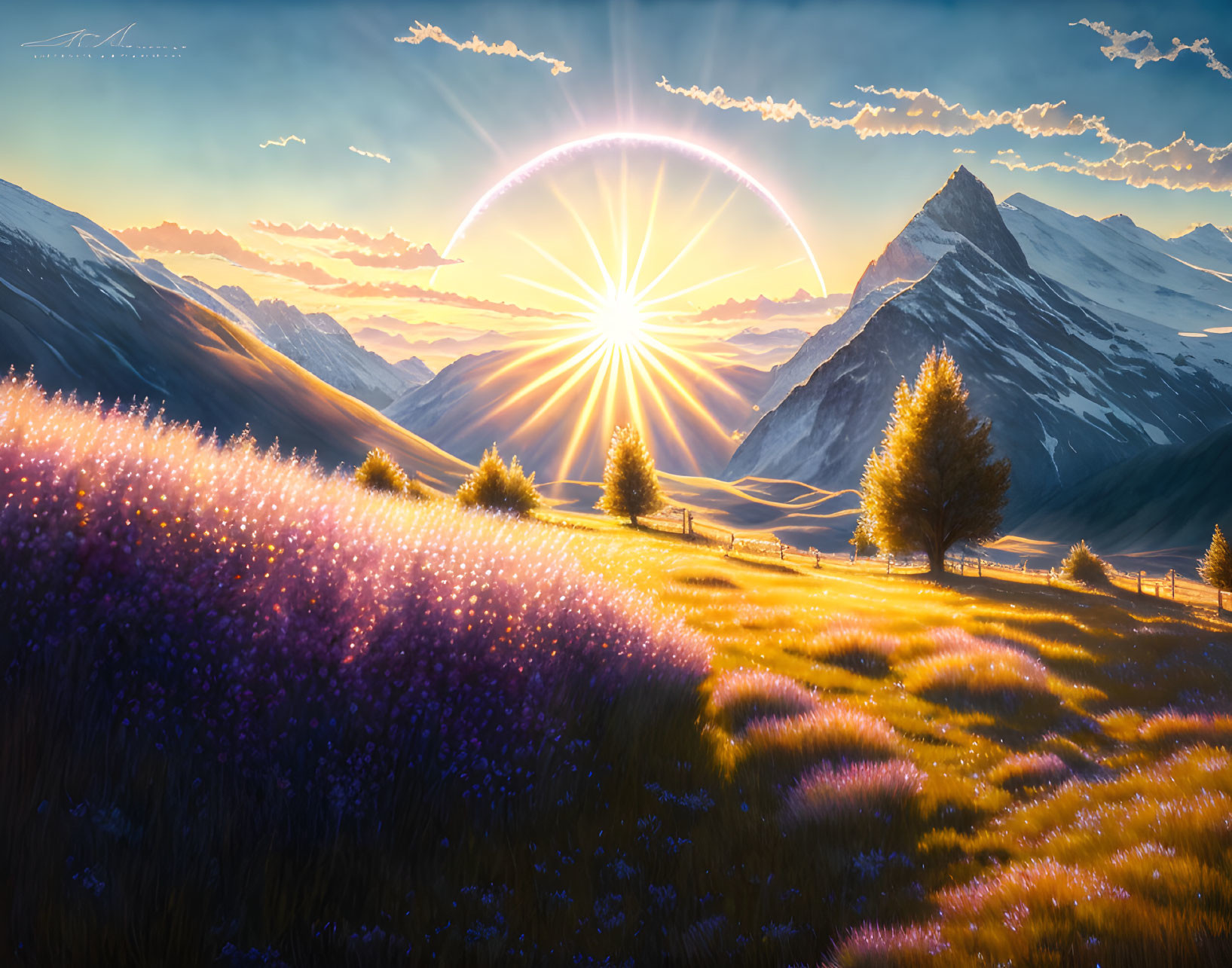 Scenic sunrise digital artwork with mountain landscape and purple flowers