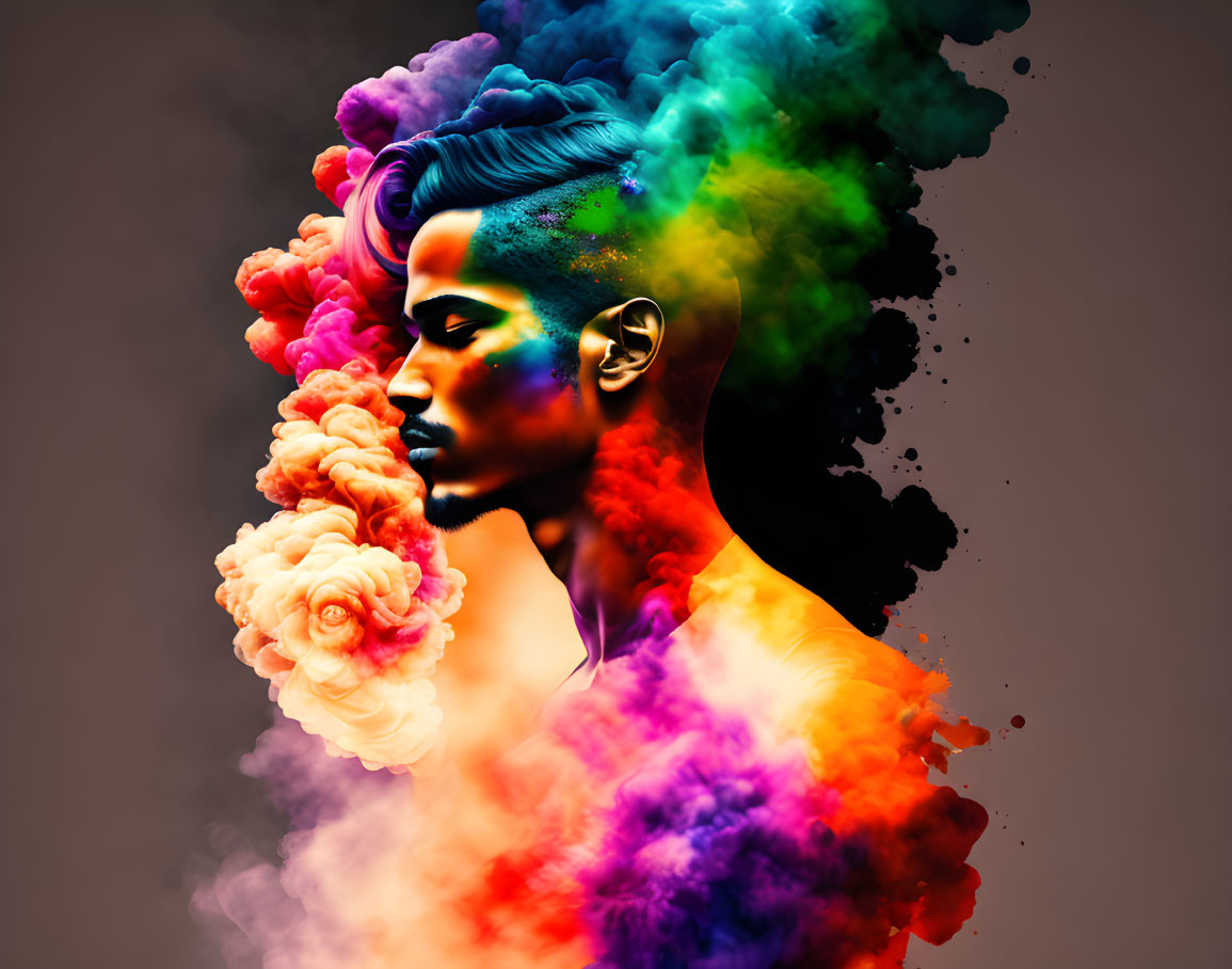 Colorful Smoke Portrait Against Dark Background