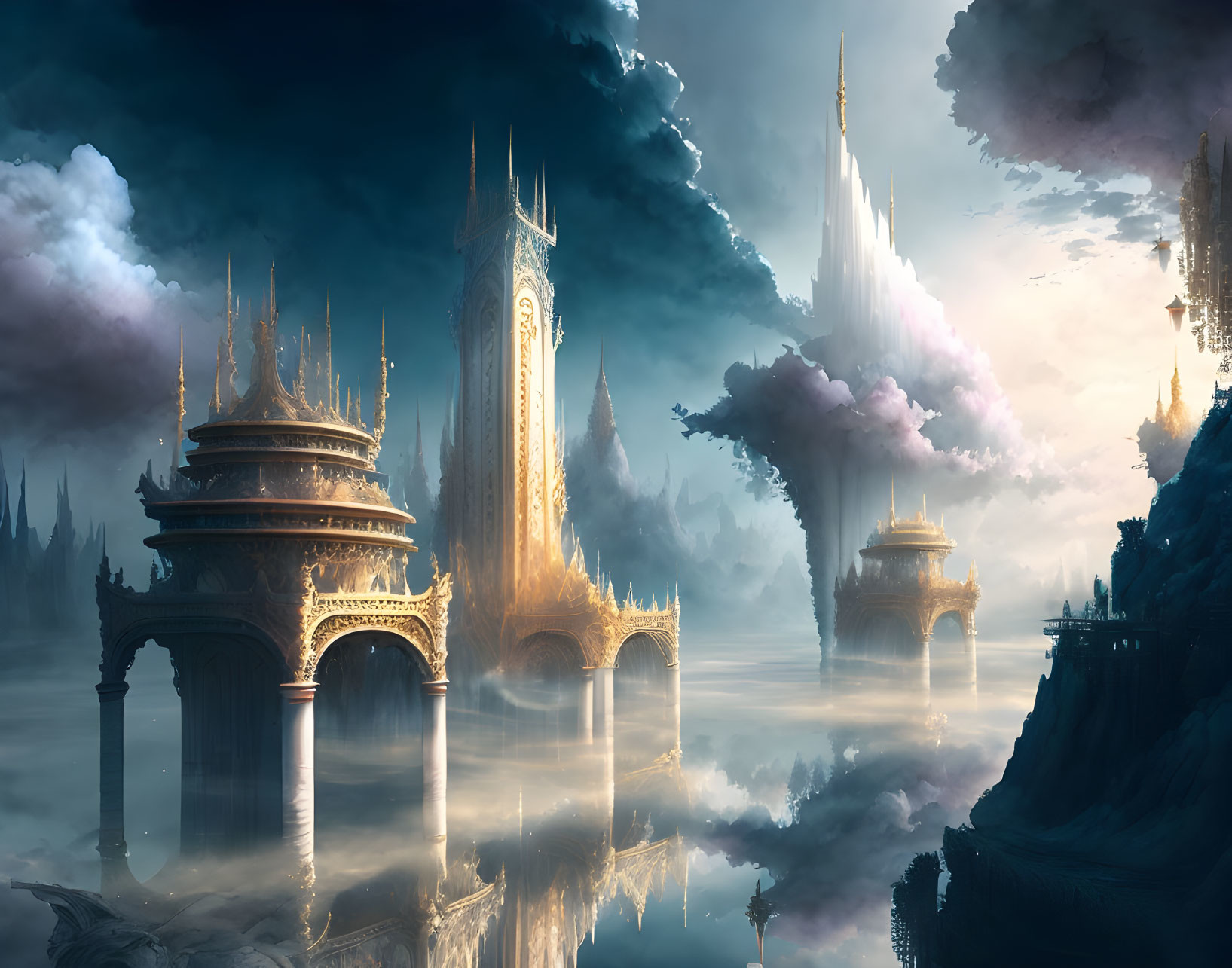 Fantasy cityscape with towering spires and floating architecture