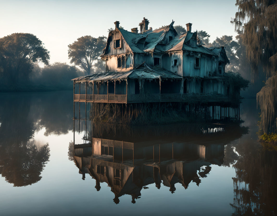 Abandoned Victorian house on stilts by misty lake